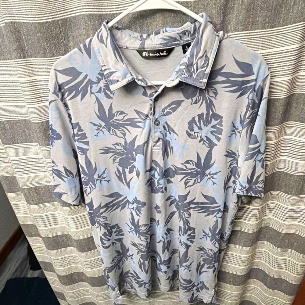 TravisMathew Men's Cotton Blend Piqué Polo Shirt Gray Blue Floral Logo L Reg